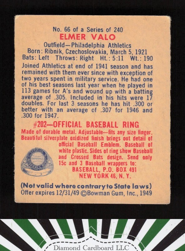 1949 Bowman #66 Elmer Valo VGEX a, back