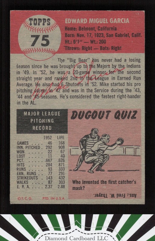 1953 Topps #75 Mike Garcia EXMT [GREAT EYE APPEAL] i, back