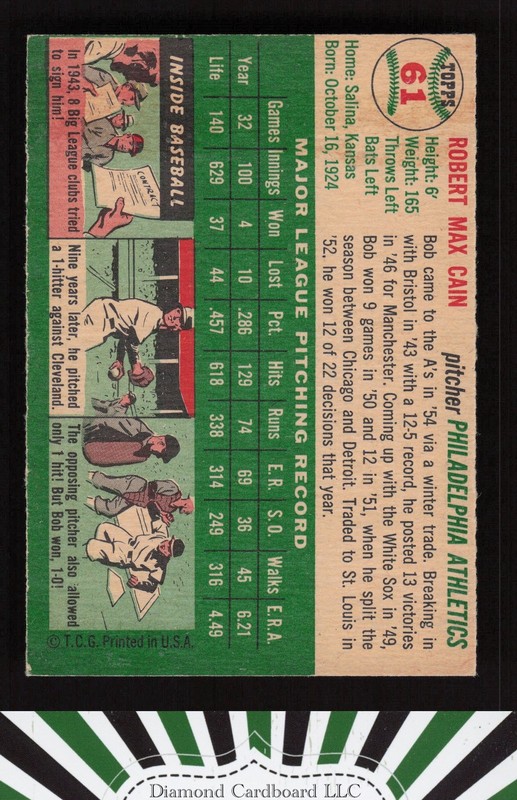 1954 Topps #61 Bob Cain VG f, back