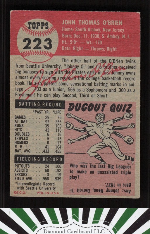 1953 Topps #223 Johnny O'Brien VG c, back