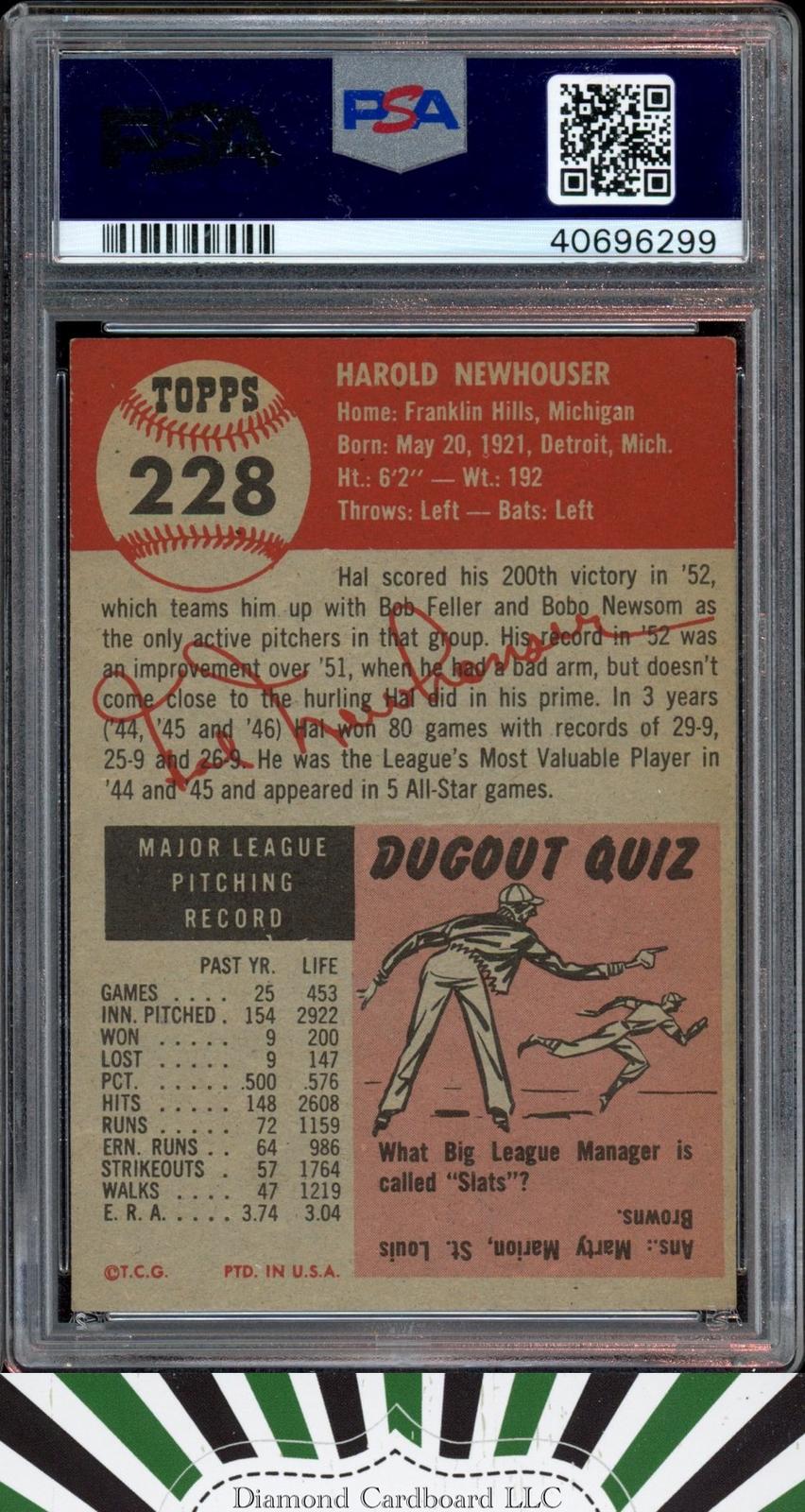 1953 Topps #228 Hal Newhouser PSA 6, back