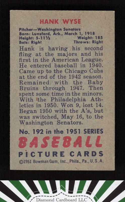 1951 Bowman #192 Hank Wyse EX (Stain), back