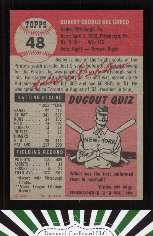 1953 Topps #48 Bob Del Greco EX i, back