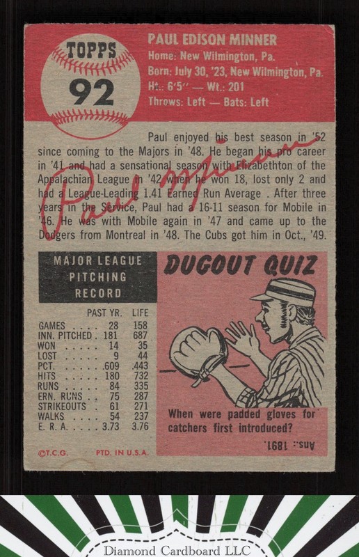 1953 Topps #92 Paul Minner : Bio uses white text VG b, back