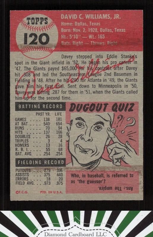 1953 Topps #120 Davey Williams : Bio uses white text VG (MUCH SHARPER) i, back