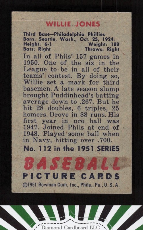 1951 Bowman #112 Willie Jones VGEX, back