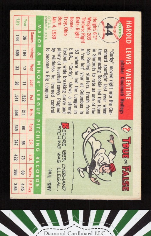 1955 Topps #44 Corky Valentine VGEX l, back