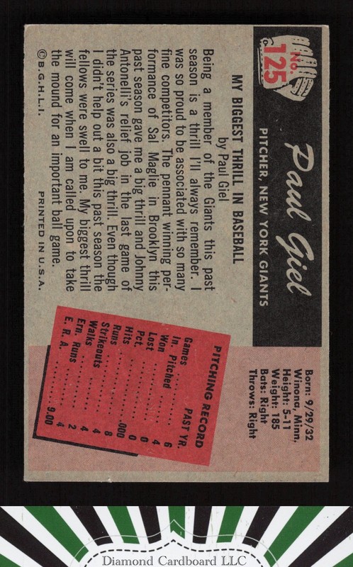 1955 Bowman #125 Paul Giel EX, back