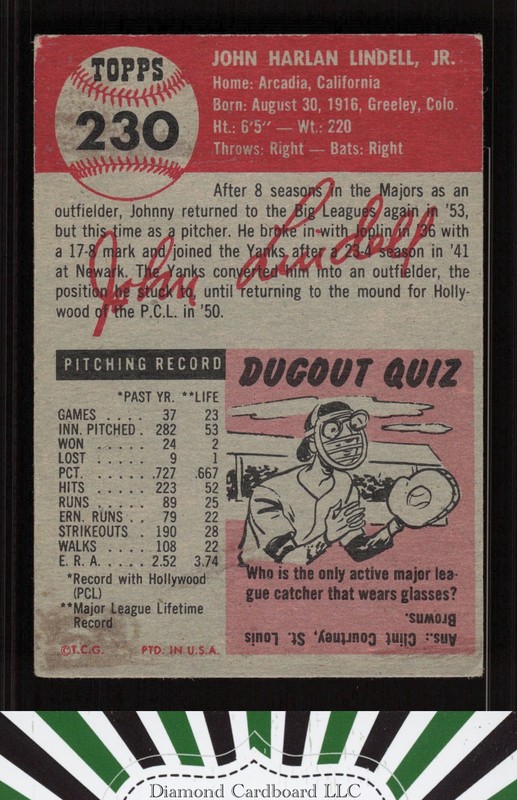 1953 Topps #230 Johnny Lindell GD+ c, back