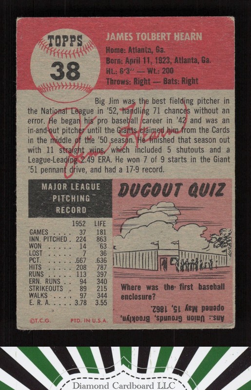 1953 Topps #38 Jim Hearn VG f, back