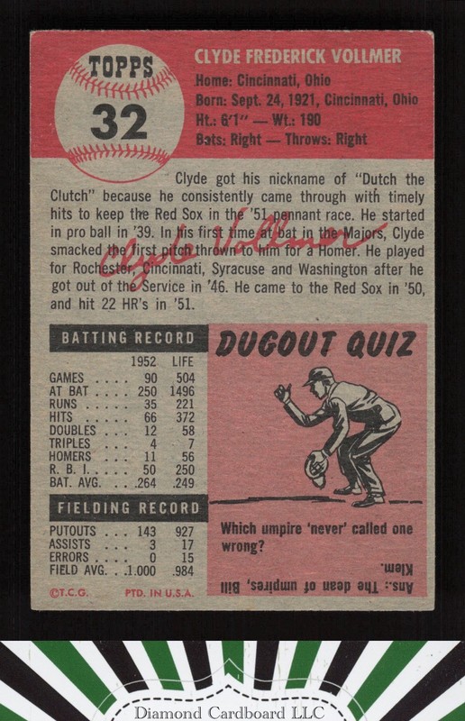1953 Topps #32 Clyde Vollmer VGEX g, back