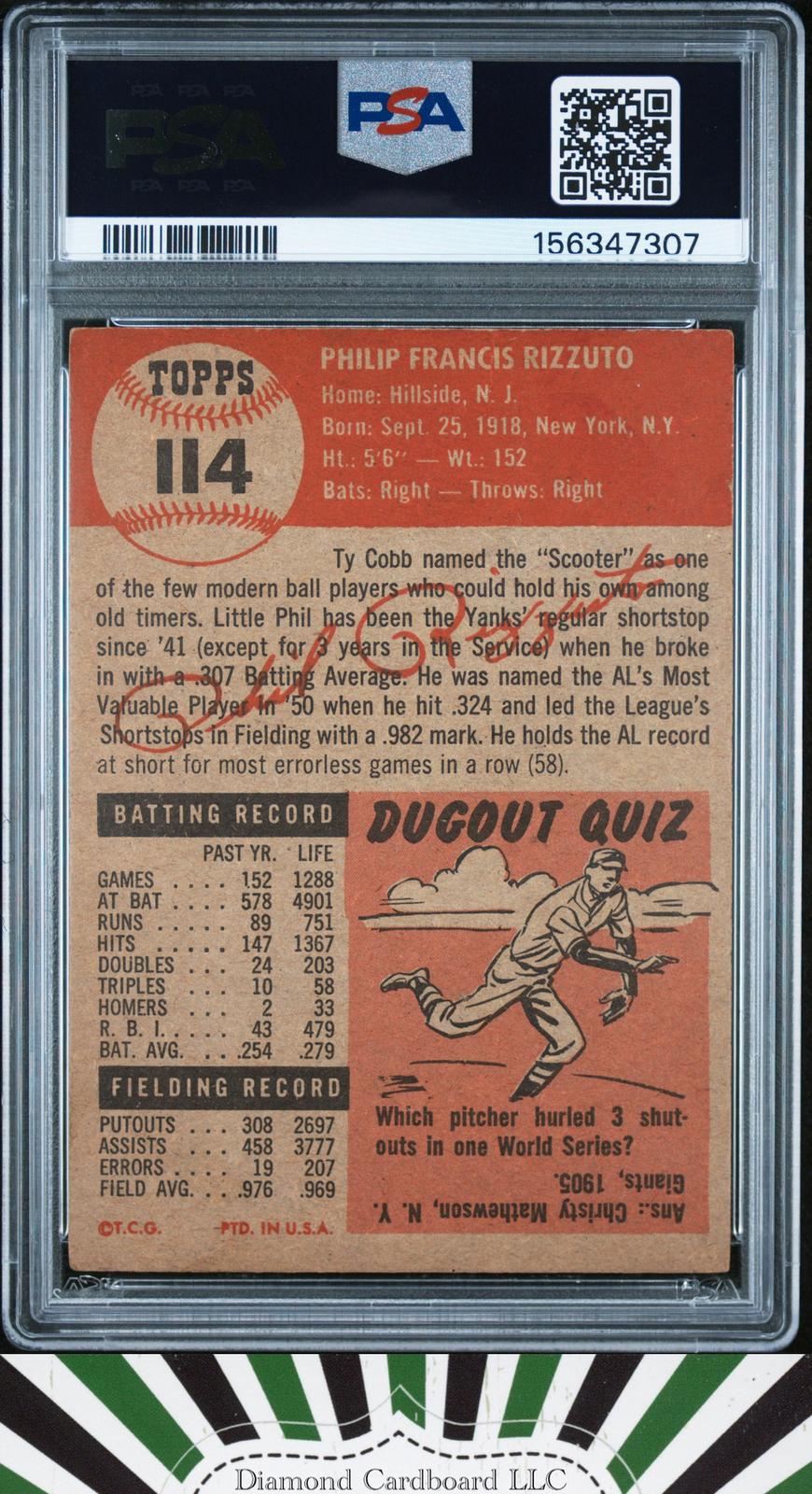 1953 Topps #114 Phil Rizzuto PSA 4, back