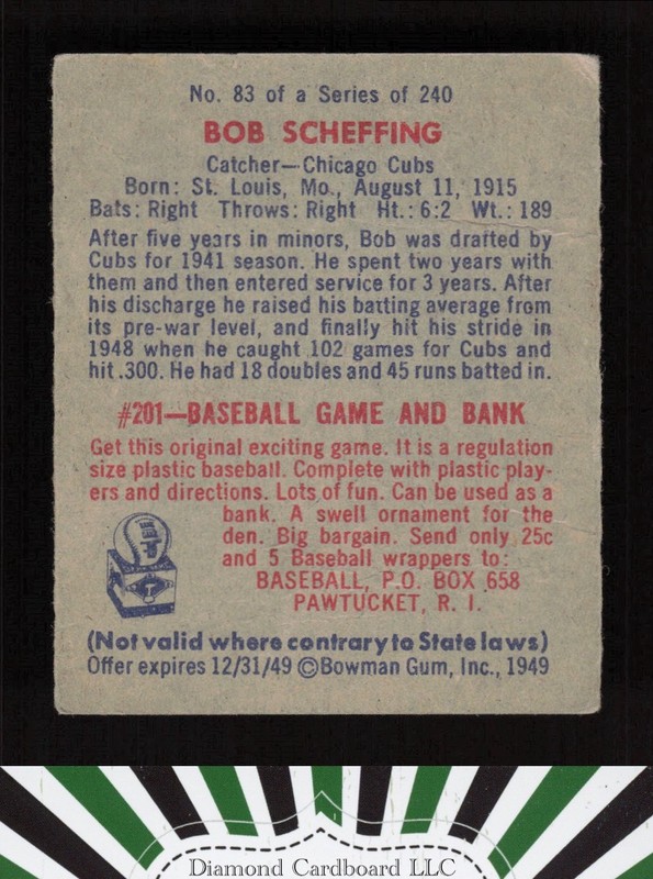 1949 Bowman #83 Bob Scheffing No Name GD a, back