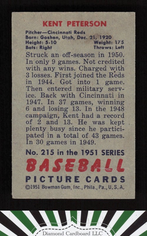 1951 Bowman #215 Kent Peterson EX, back