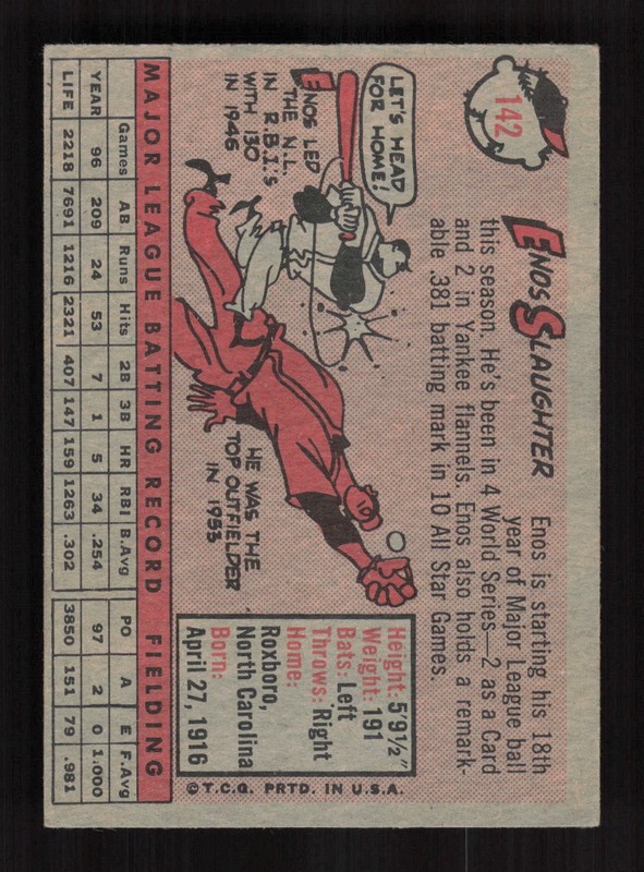 1958 Topps #142 Enos Slaughter VGEX+ g, back