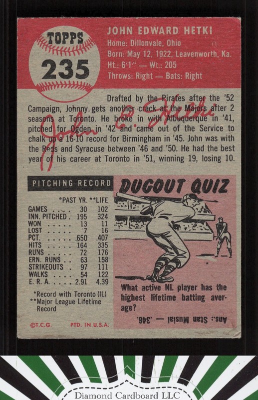 1953 Topps #235 John Hetki GD a, back