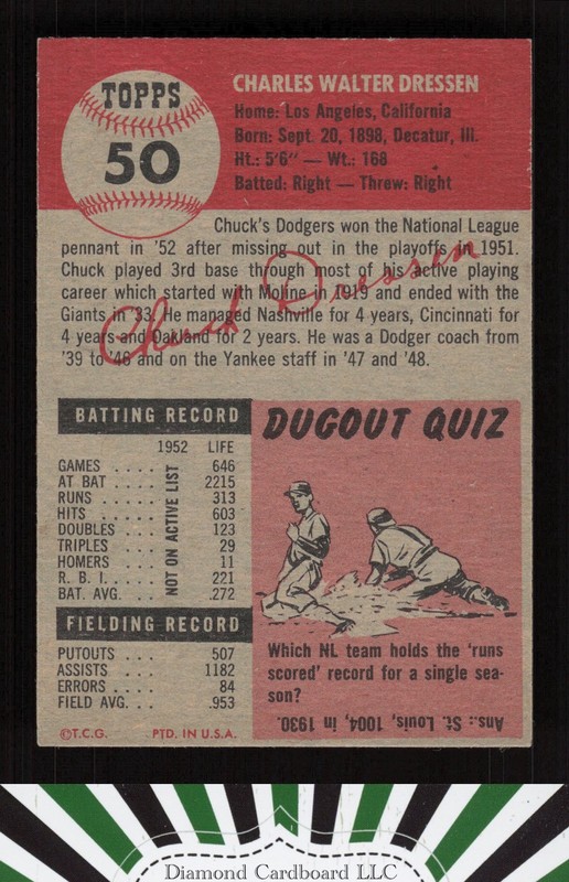1953 Topps #50 Chuck Dressen EX [GREAT EYE APPEAL] f, back