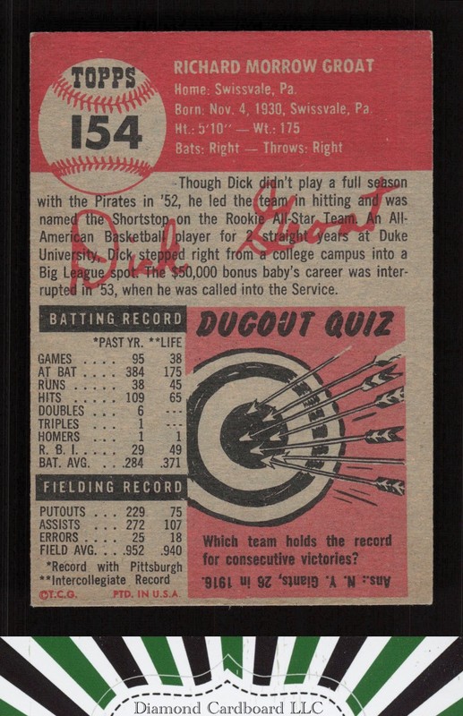 1953 Topps #154 Dick Groat : Bio uses white text VGEX g, back
