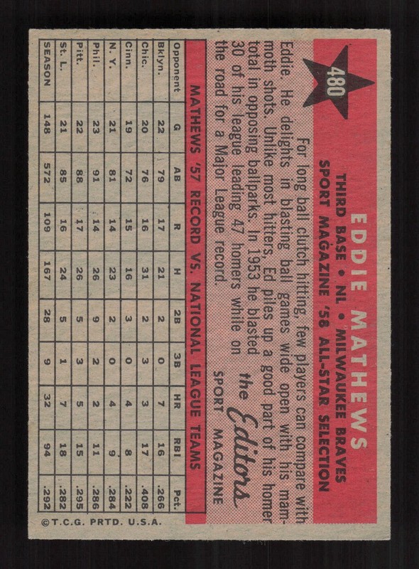 1958 Topps #480 Eddie Mathews EXMT+ k, back