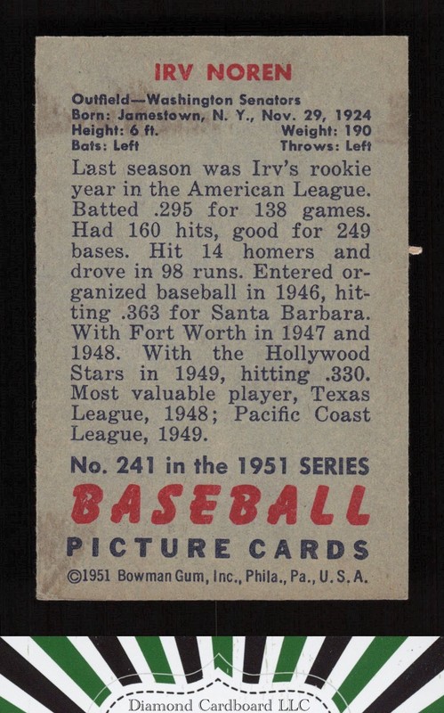 1951 Bowman #241 Irv Noren EX, back