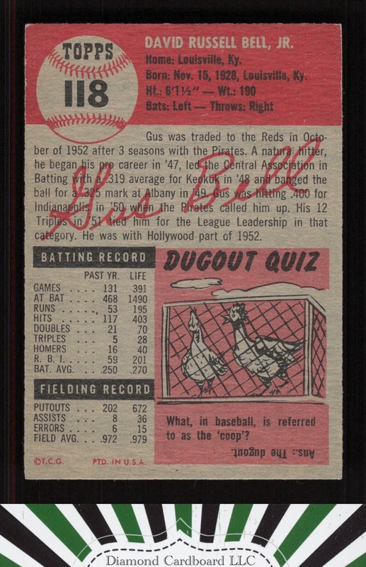 1953 Topps #118 Gus Bell : Bio uses black text EX+ [CENTERED] j, back