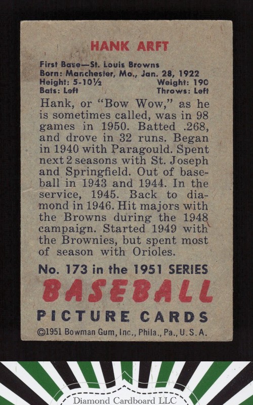 1951 Bowman #173 Hank Arft VG+ [CENTERED], back