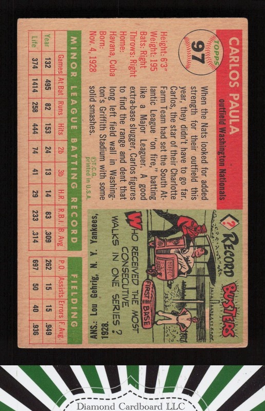 1955 Topps #97 Carlos Paula VGEX i, back