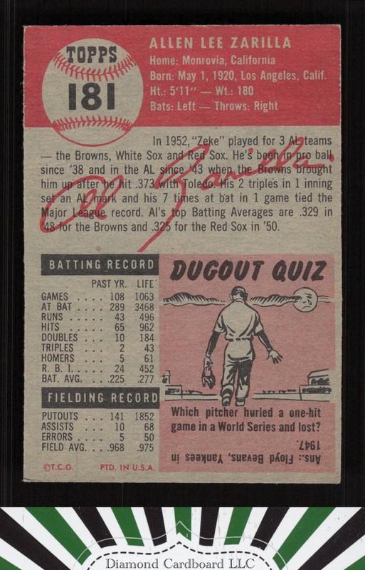 1953 Topps #181 Al Zarilla VGEX f, back