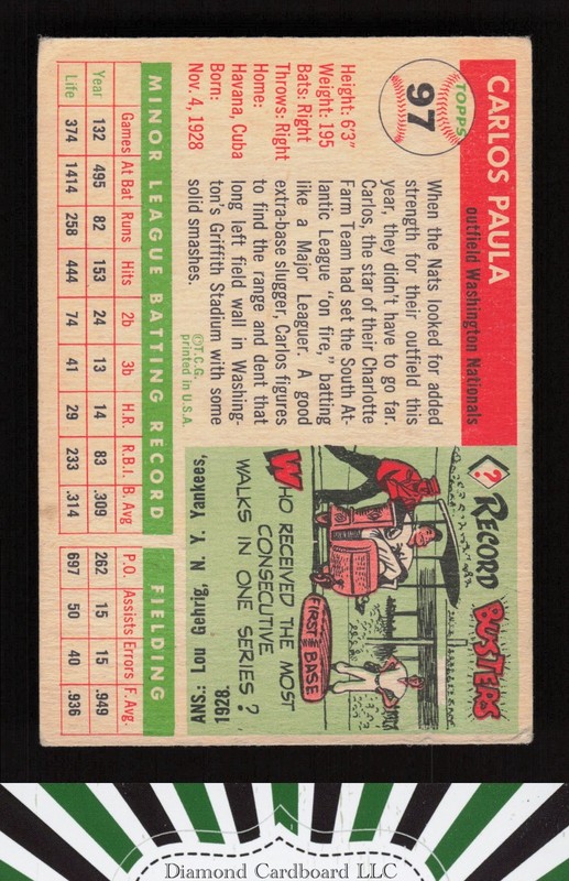 1955 Topps #97 Carlos Paula VG+ b, back