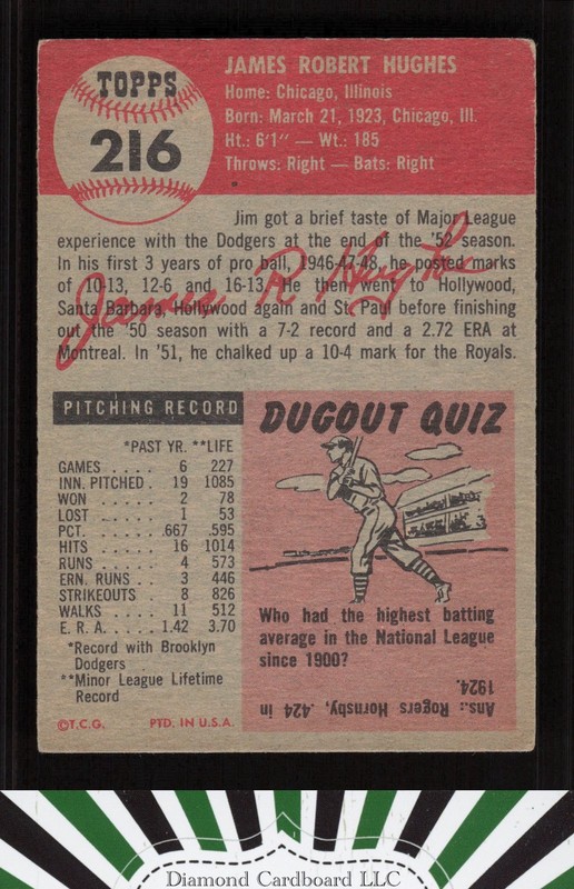 1953 Topps #216 Jim Hughes VG f, back
