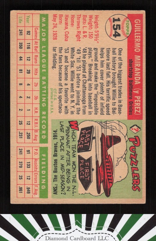 1955 Topps #154 Willie Miranda VGEX+ f, back