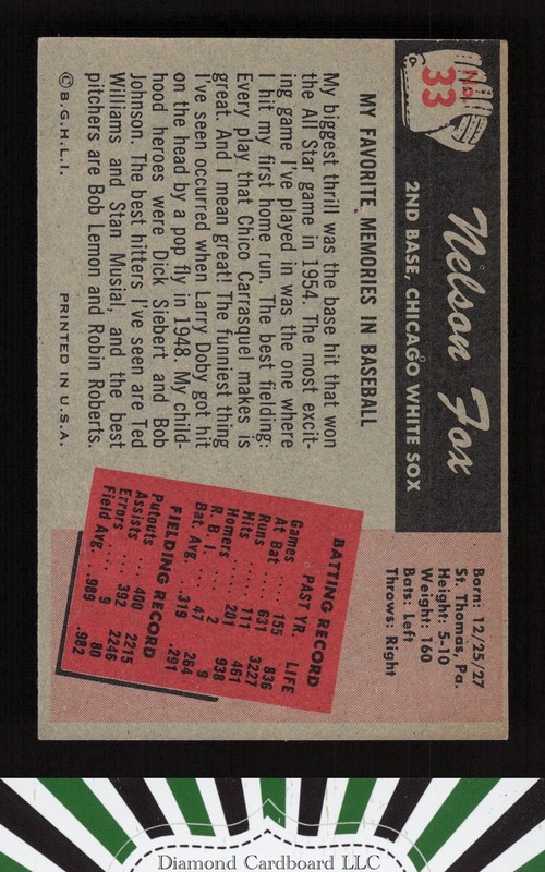 1955 Bowman #33 Nelson Fox NM (but measures 1/8" short) a2, back