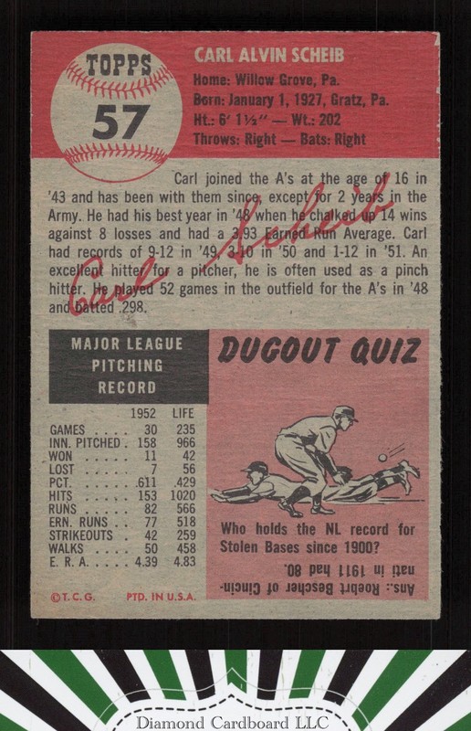 1953 Topps #57 Carl Scheib VGEX+ e, back