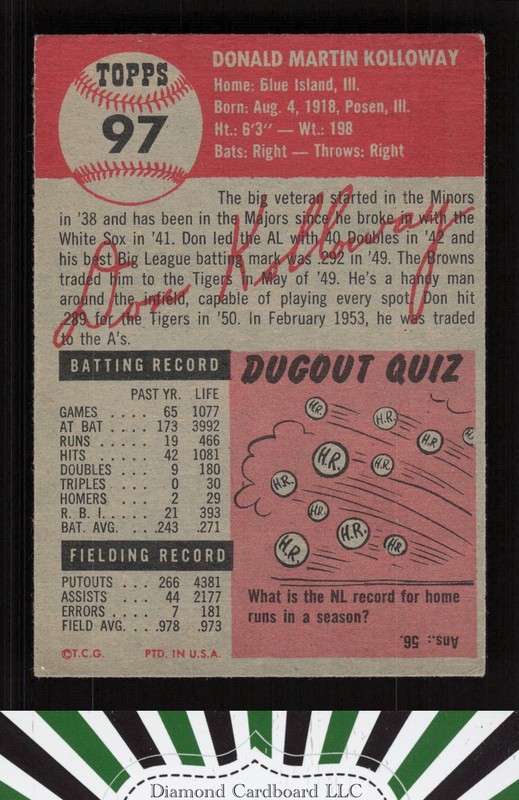 1953 Topps #97 Don Kolloway : Bio uses white text VG c, back