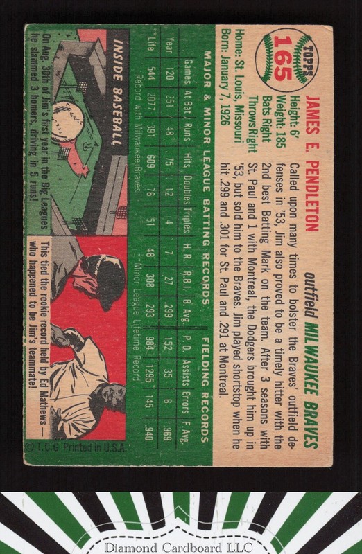 1954 Topps #165 Jim Pendleton VG m, back