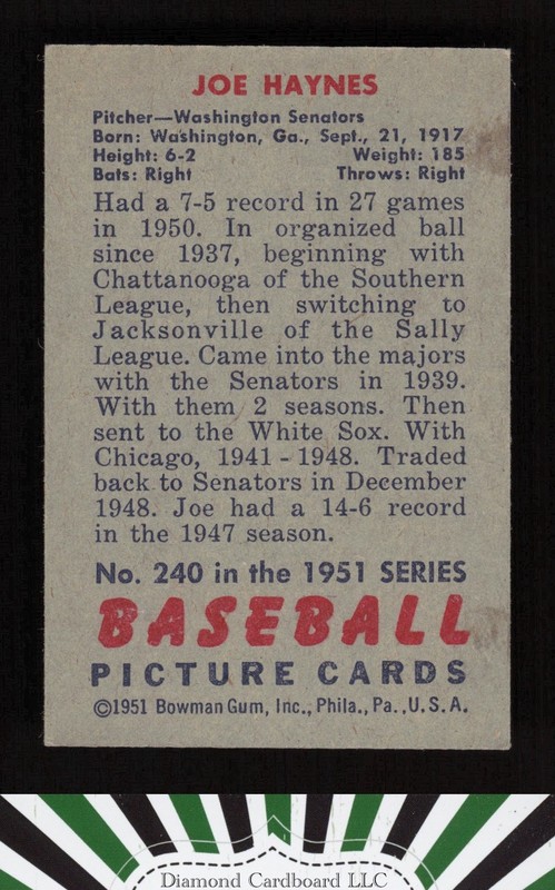 1951 Bowman #240 Joe Haynes EX, back