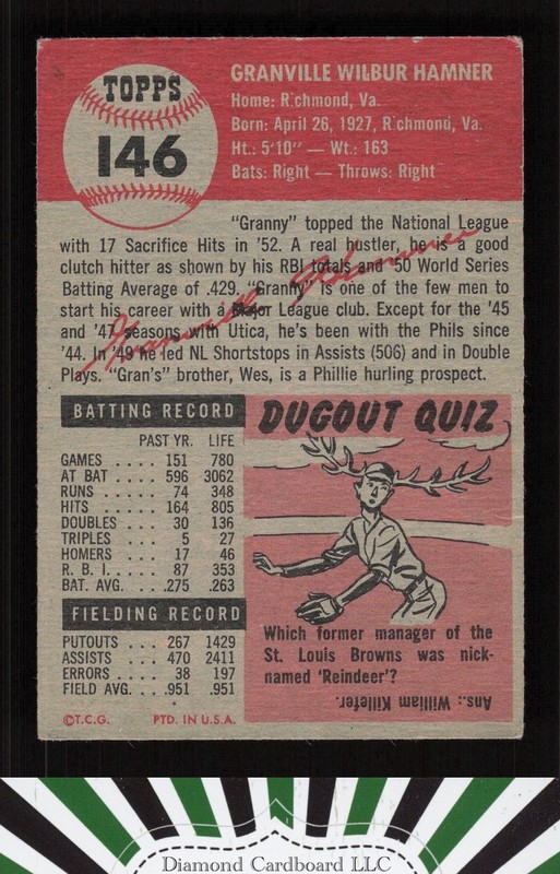 1953 Topps #146 Granny Hamner : Bio uses white text FR [CENTERED] a, back