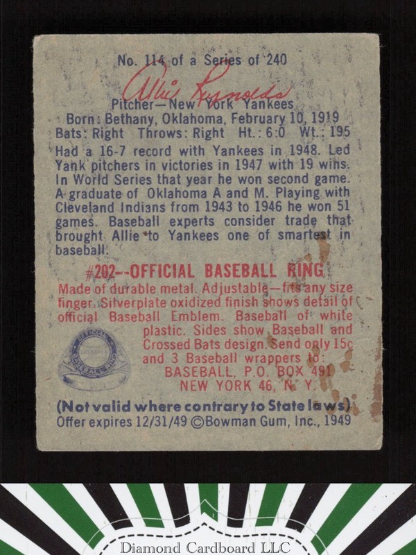 1949 Bowman #114 Allie Reynolds GD a, back