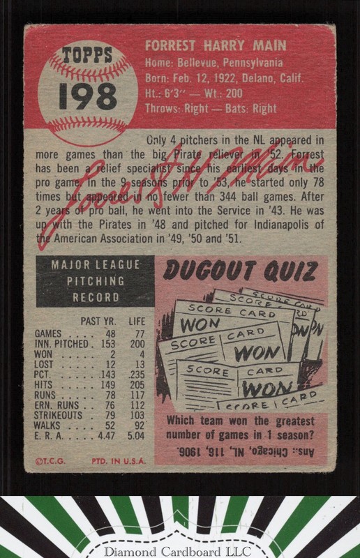 1953 Topps #198 Forrest Main FR b, back