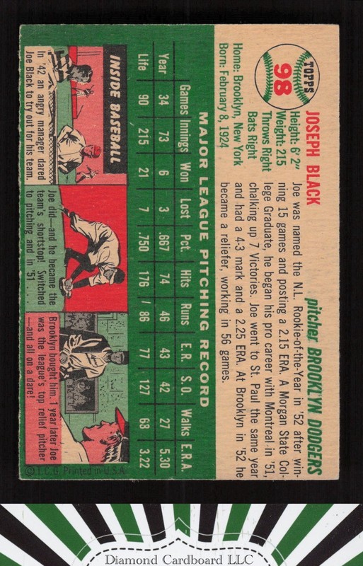 1954 Topps #98 Joe Black VGEX a, back