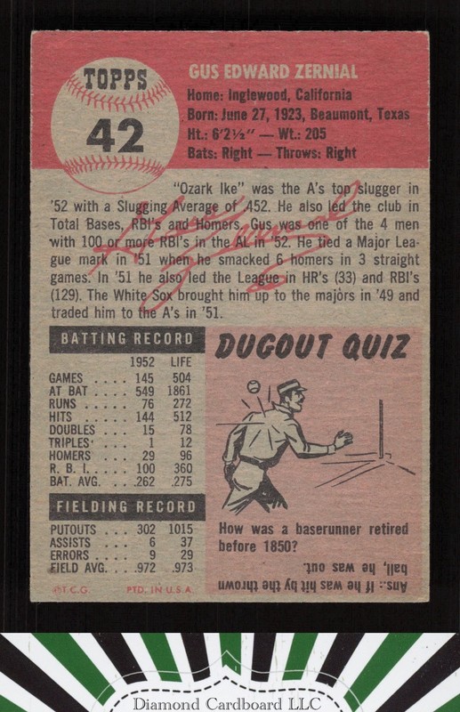 1953 Topps #42 Gus Zernial VGEX h, back