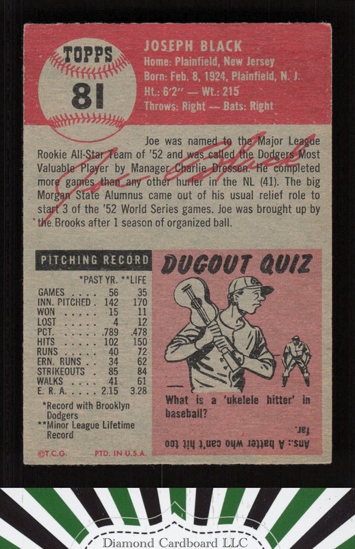 1953 Topps #81 Joe Black : Bio uses white text VGEX+ [CENTERED] c, back