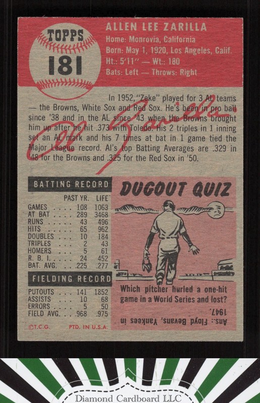 1953 Topps #181 Al Zarilla NM g, back