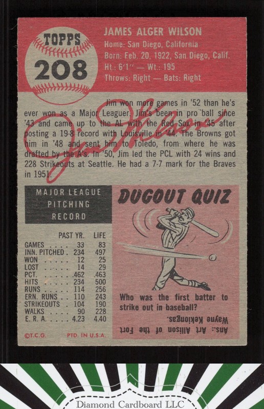 1953 Topps #208 Jim Wilson EXMT h, back