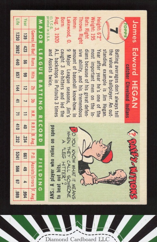 1955 Topps #7 Jim Hegan EX q, back