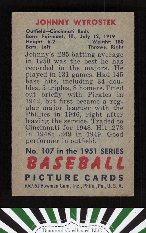 1951 Bowman #107 Johnny Wyrostek VGEX+ [CENTERED], back