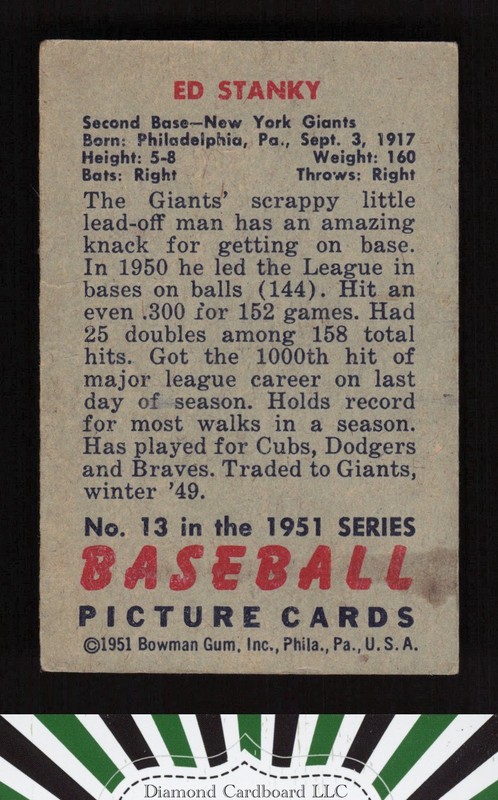 1951 Bowman #13 Eddie Stanky VG+, back