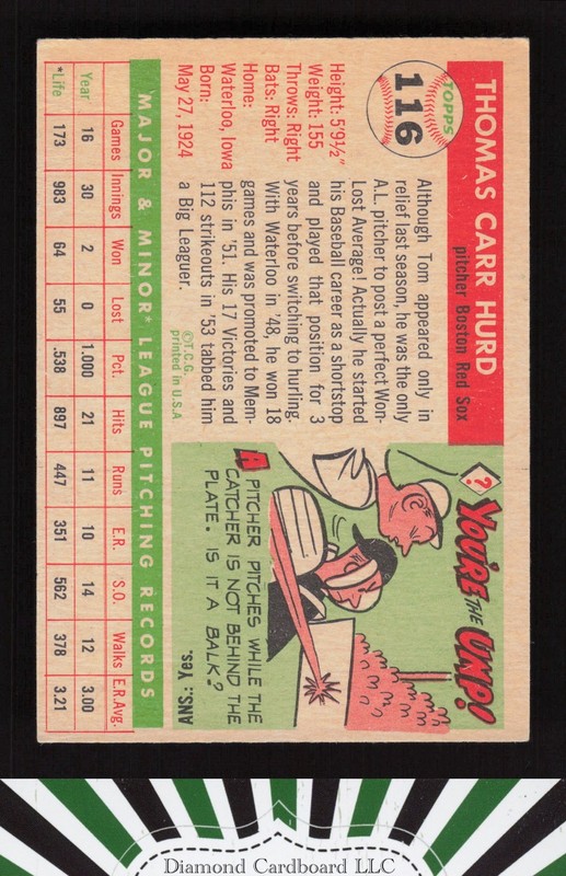 1955 Topps #116 Tom Hurd VGEX k, back
