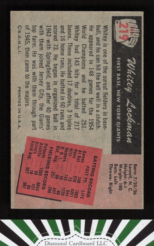 1955 Bowman #219 Whitey Lockman EX, back