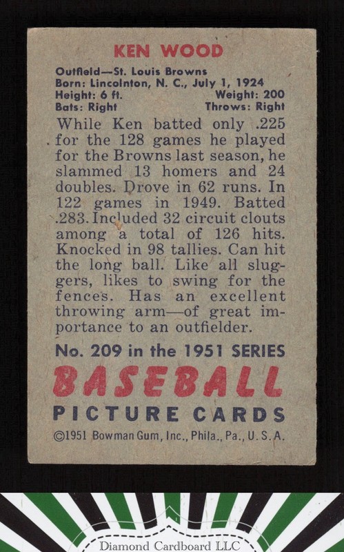 1951 Bowman #209 Ken Wood VGEX, back